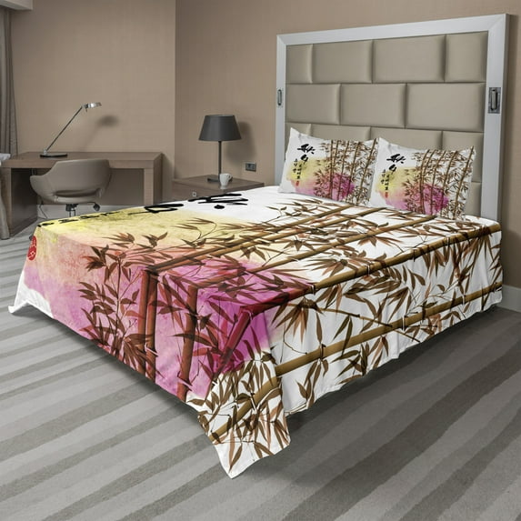 Ambesonne Asian Themed Fitted & Top Sheet Set with Shams, Japanese Leaves Motif, Multicolor