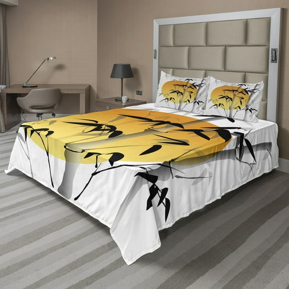 Ambesonne Asian Themed Fitted & Top Sheet Set with Shams, Retro Sun Leafy Tree, Orange White Black