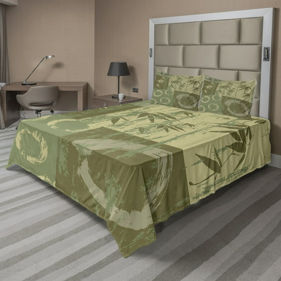 Ambesonne Asian Themed Fitted & Top Sheet Set with Shams, Vintage Oriental Style, Green