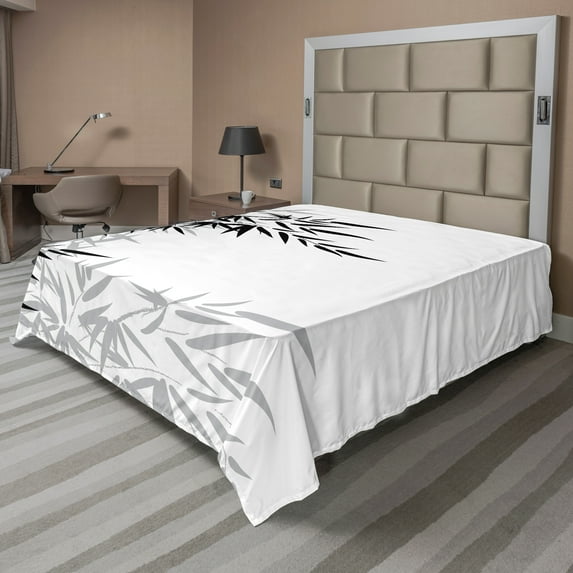 Ambesonne Asian Themed Flat Sheet, Monochrome Art Leaves, California King, White and Black