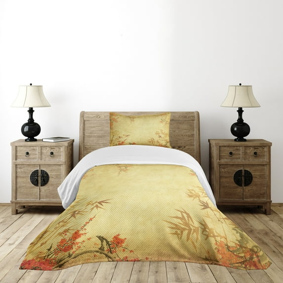 Ambesonne Asian Themed Quilted Bedspread Set 2 Pcs, Forest Branch Blooms, Twin Size, Vermilion and Mustard