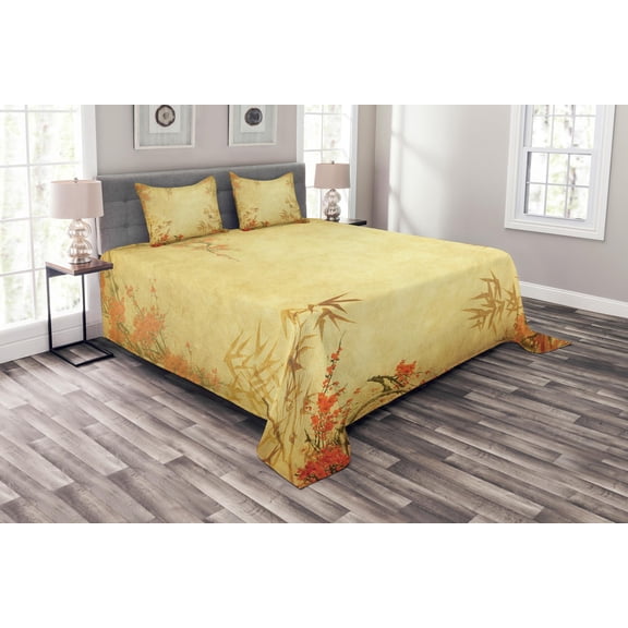Ambesonne Asian Themed Quilted Bedspread Set 3 Pcs, Forest Branch Blooms, King Size, Vermilion and Mustard
