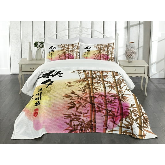 Ambesonne Asian Themed Quilted Bedspread Set 3 Pcs, Japanese Leaves Motif, King Size, Multicolor