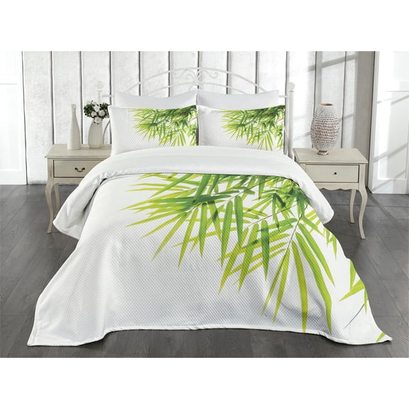 Ambesonne Asian Themed Quilted Bedspread Set 3 Pcs, Leaves Greenery Print, King Size, White and Green