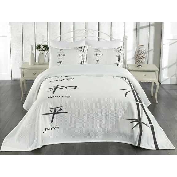 Ambesonne Asian Themed Quilted Coverlet 3 Pcs, Peace Concept Pattern, King Size, White Black