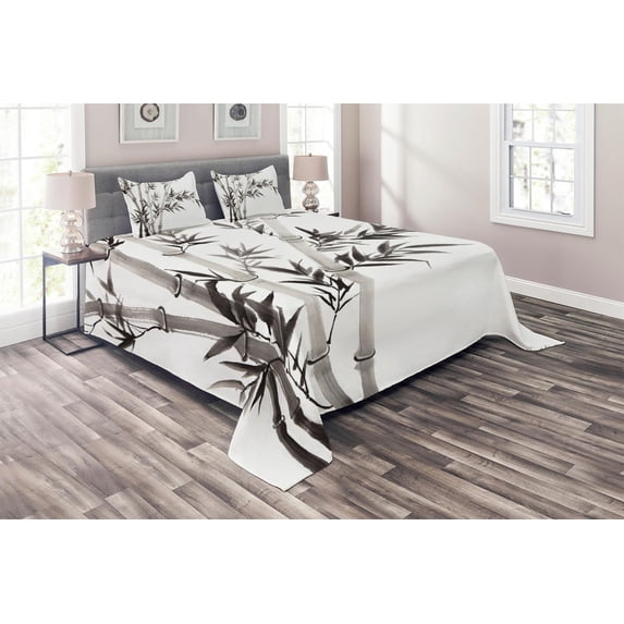 Ambesonne Asian Themed Quilted Coverlet 3 Pcs, Traditional Leaves, King Size, White and Grey