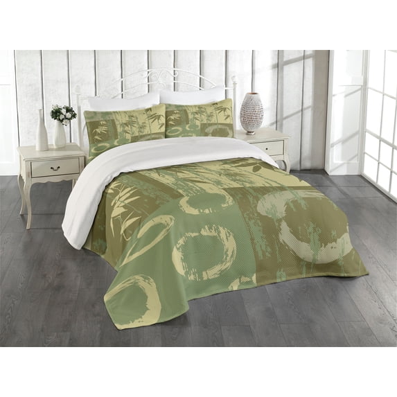 Ambesonne Asian Themed Quilted Coverlet 3 Pcs, Vintage Oriental Style, King Size, Green