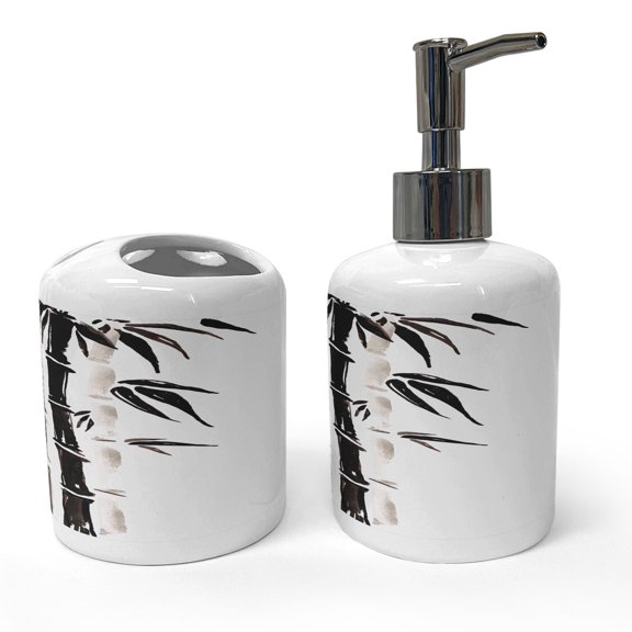 Ambesonne Asian Themed Soap Dispenser & Toothbrush Holder Set, Folk Chinese Pattern, 2 Pcs, Black and Cream