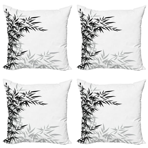 Ambesonne Asian Themed Throw Pillow Cover 4 Pack, Monochrome Art Leaves, 24", White and Black