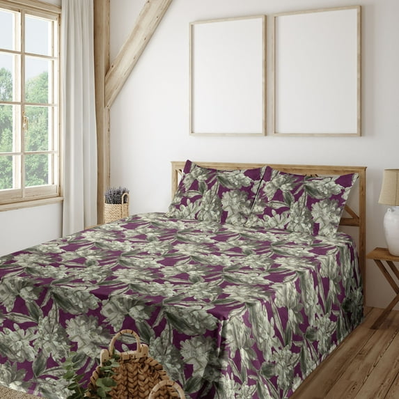 Ambesonne Asters Fitted & Flat Sheet with Shams 4 Pcs Set, Vintage Boho Garden Scene, Full, Dark Magenta and Pale Green