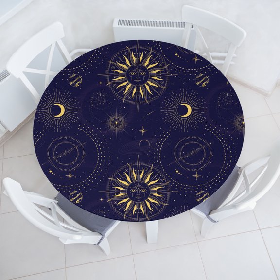 Ambesonne Astral Fitted Round Tablecloth, Moon Sun Universe Print Goth, 36"- 40" Diameter, Yellow Dark Indigo