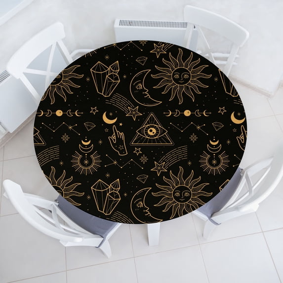 Ambesonne Astral Fitted Round Tablecloth, Mystery Witchcore Pattern, 40"- 44" Diameter, Pale Coffee Black