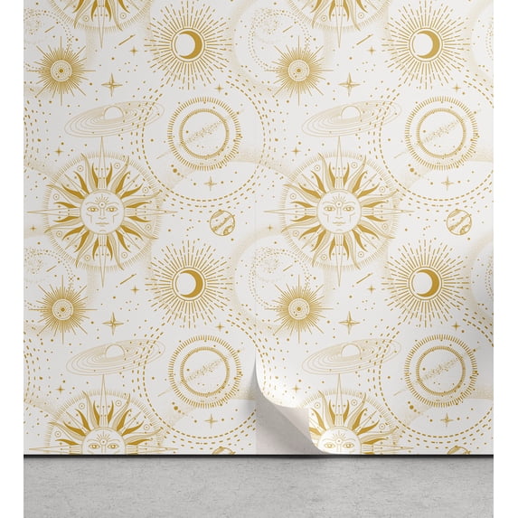 Ambesonne Astral Peel & Stick Wallpaper for Home, Sun and Moon Medieval Witchy, 13"x100", Off White and Dark Sand Brown