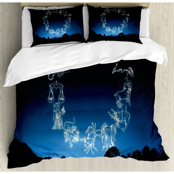 Ambesonne Astrology Duvet Cover Set, Sketchy Zodiacal Sign, Calking, Dark Blue and White