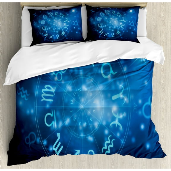 Ambesonne Astrology Duvet Cover Sets, Horoscope Wheel Signs, 2-Queen, Navy Blue Sky Blue