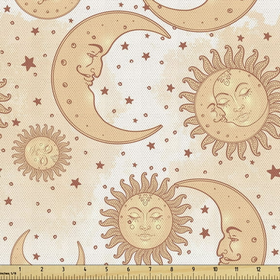 Ambesonne Astrology Fabric by the Yard Upholstery, Minimalist Stars Moon Sun, 3 Yards, Pastel Brown and Pale Rust