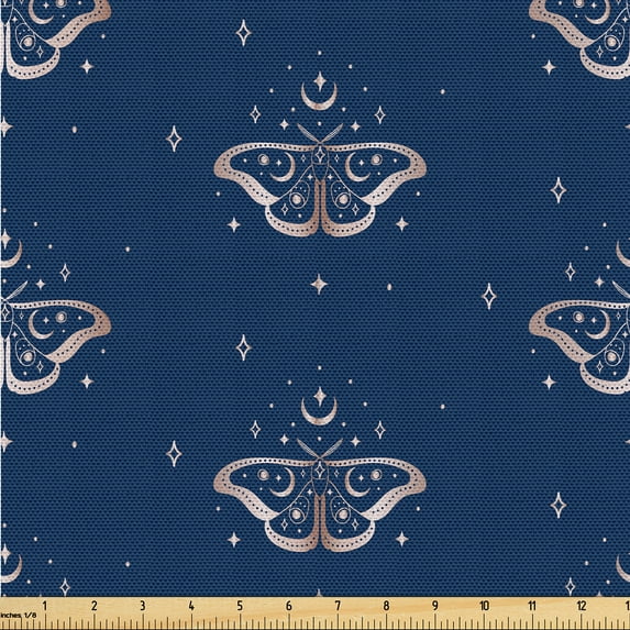Ambesonne Astrology Fabric by the Yard Upholstery, Celestial Boho Moth Print, 3 Yards, Cobalt Blue Pale Eggshell