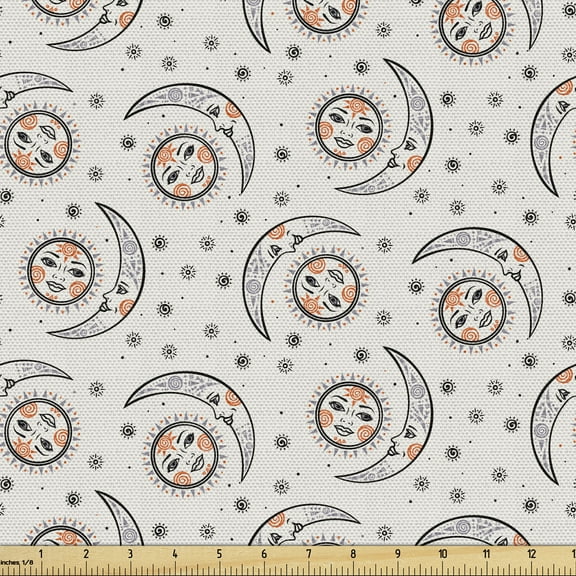 Ambesonne Astrology Fabric by the Yard Upholstery, Celestial Boho Plant, 5 Yards, Orange Black Grey