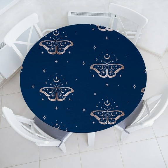 Ambesonne Astrology Fitted Round Tablecloth, Celestial Boho Moth Print, 56"- 60" Diameter, Cobalt Blue Pale Eggshell