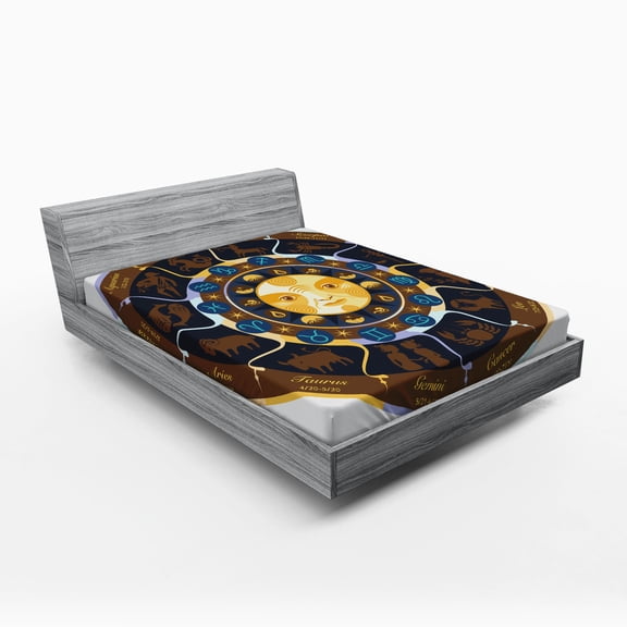 Ambesonne Astrology Fitted Sheet, Aries Taurus Gemini, Full Size, Brown Yellow and Blue