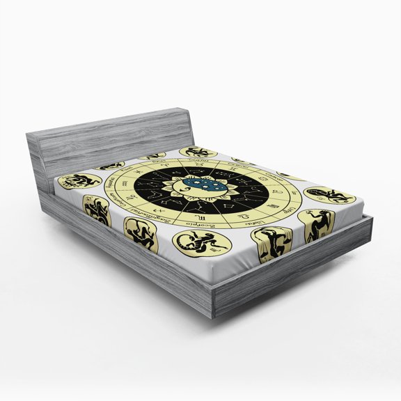 Ambesonne Astrology Fitted Sheet, Zodiac Chart, Queen Size, Black White and Yellow