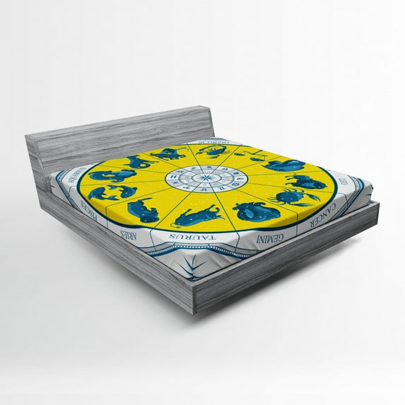 Ambesonne Astrology Fitted Sheet, Zodiac Natal Chart, Queen Size, Yellow Blue