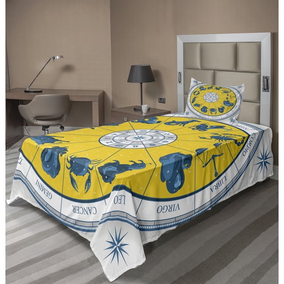 Ambesonne Astrology Fitted & Top Sheet Set with Sham, Zodiac Natal Chart, Yellow Blue