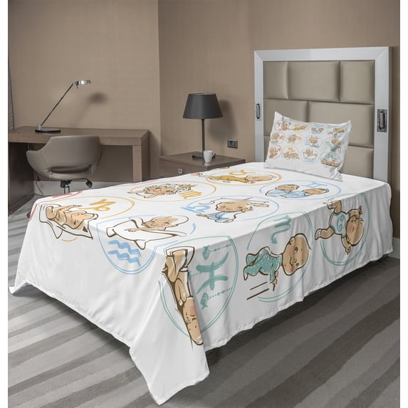 Ambesonne Astrology Fitted & Top Sheet Set with Sham, Zodiac Signs Design, Multicolor