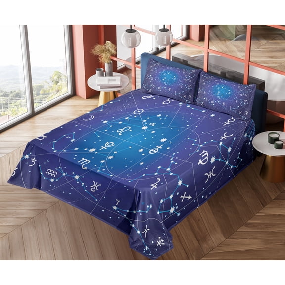 Ambesonne Astrology Fitted & Top Sheet Set with Shams, Constellation Zodiac, Dark Blue