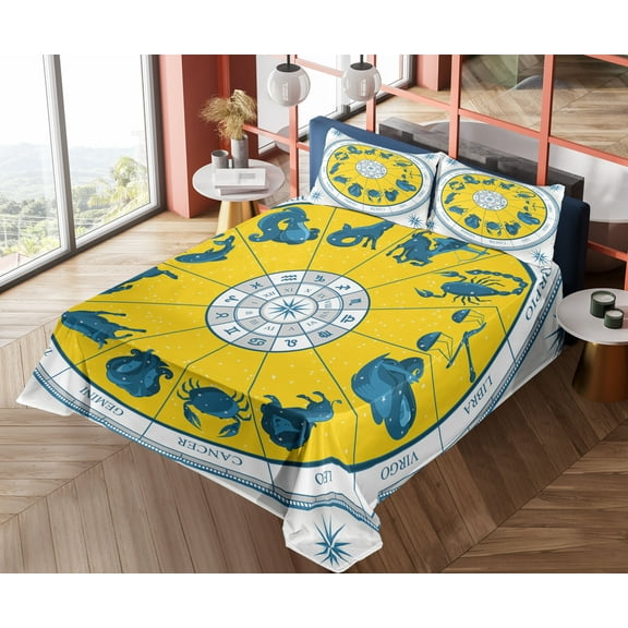 Ambesonne Astrology Fitted & Top Sheet Set with Shams, Zodiac Natal Chart, Yellow Blue