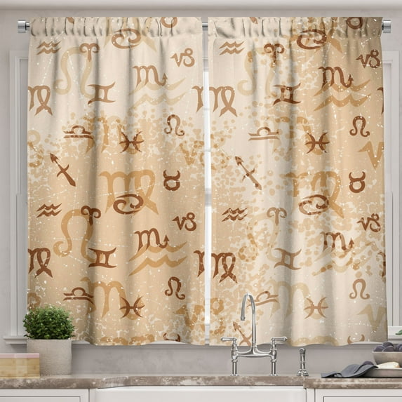 Ambesonne Astrology Kitchen Curtains, Zodiac Signs Grunge, 55"x39", Pale Brown and Caramel