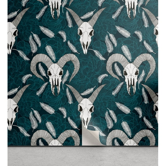 Ambesonne Astrology Peel & Stick Wallpaper for Home, Goat Skulls Vintage Art, 13"x100", Dark Seafoam Off White