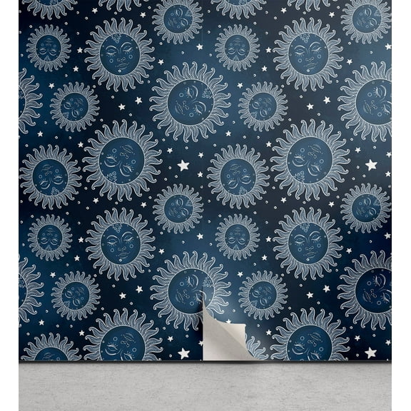 Ambesonne Astrology Peel & Stick Wallpaper for Home, Sleeping Sun Faces Art, 13"x100", Dark Sky Blue and White