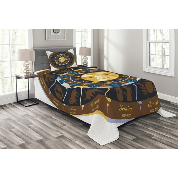 Ambesonne Astrology Quilted Bedspread Set 2 Pcs, Aries Taurus Gemini, Twin Size, Brown Yellow and Blue