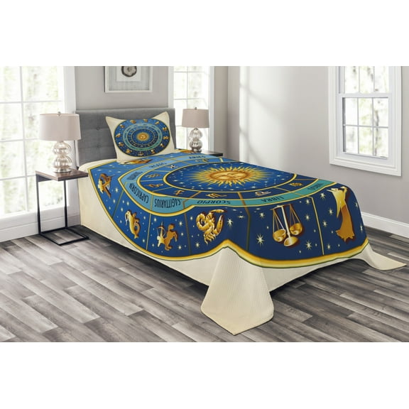 Ambesonne Astrology Quilted Bedspread Set 2 Pcs, Astrological Signs, Twin Size, Blue Yellow and Cream