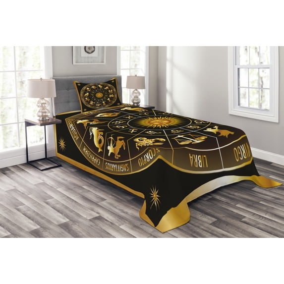 Ambesonne Astrology Quilted Bedspread Set 2 Pcs, Signs Circle Sun Moon, Twin Size, Dark Forest Green Orange