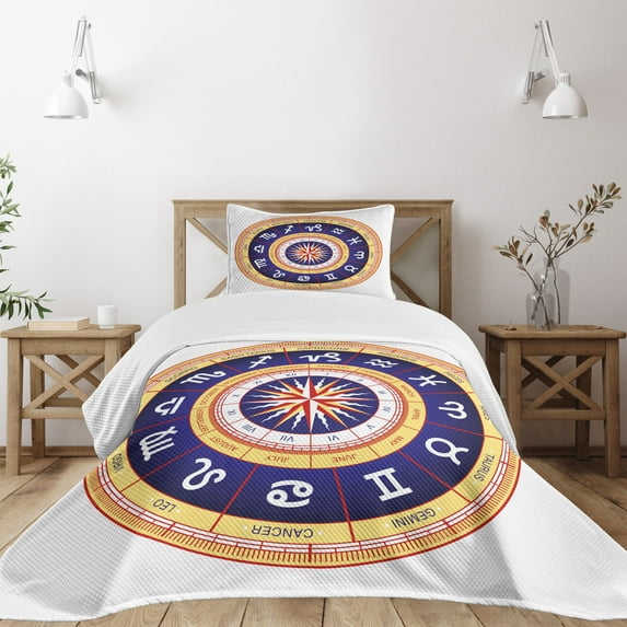 Ambesonne Astrology Quilted Bedspread Set 2 Pcs, Zodiac Cancer Virgo, Twin Size, Navy Blue Yellow