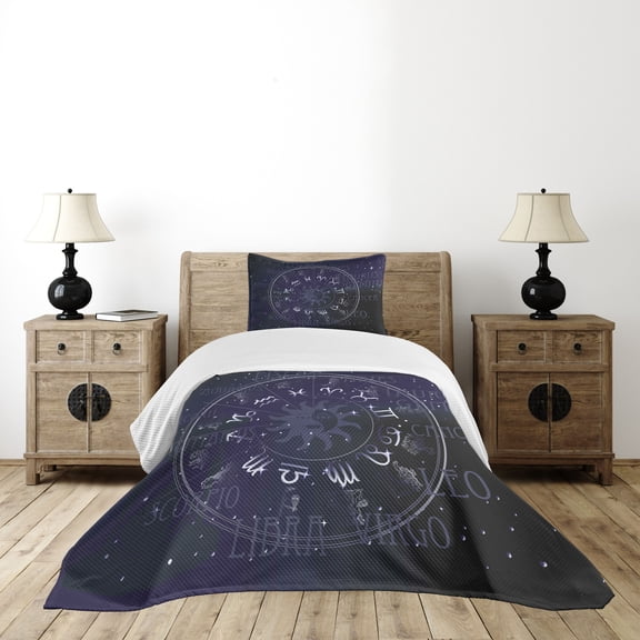 Ambesonne Astrology Quilted Bedspread Set 2 Pcs, Zodiac Circle Wheel, Twin Size, Dark Blue and White