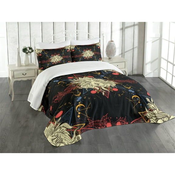 Ambesonne Astrology Quilted Bedspread Set 3 Pcs, Medieval Lion, Queen Size, Multicolor