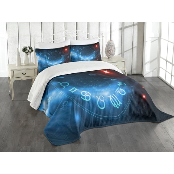 Ambesonne Astrology Quilted Bedspread Set 3 Pcs, Signs Virgo Scorpio, Queen Size, Blue White and Red