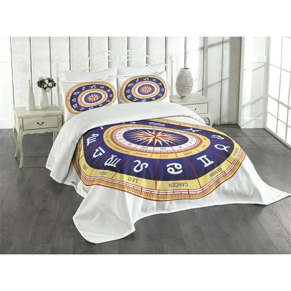 Ambesonne Astrology Quilted Bedspread Set 3 Pcs, Zodiac Cancer Virgo, Queen Size, Navy Blue Yellow