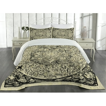 Ambesonne Astrology Quilted Coverlet 3 Pcs, Map, Queen Size, Ecru Black