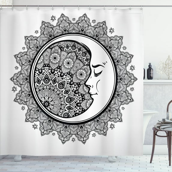 Ambesonne Astrology Shower Curtain, Mandala Moon Bohemian, 69"Wx75"L, Black White