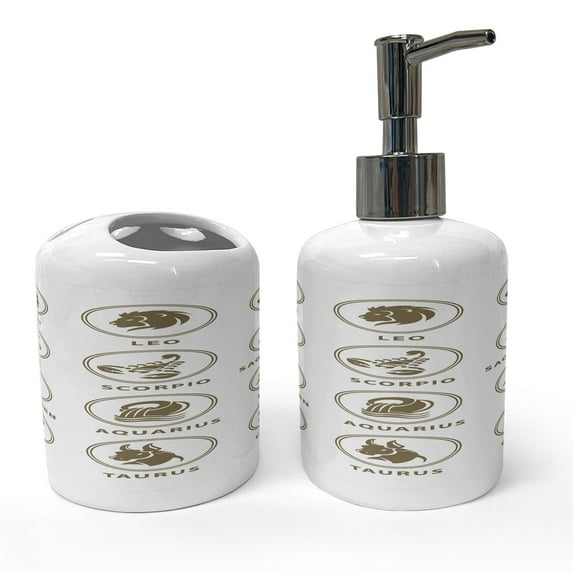 Ambesonne Astrology Soap Dispenser & Toothbrush Holder Set, Classic Zodiac Chart, 2 Pcs, White Sepia