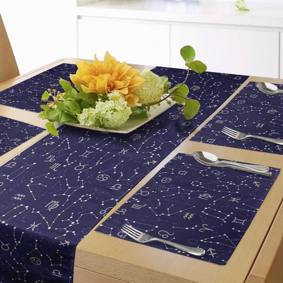 Ambesonne Astrology Table Runner & Placemats, Zodiac Constellations, Placemat 4 pcs + Runner 16"x72", Indigo Grey White