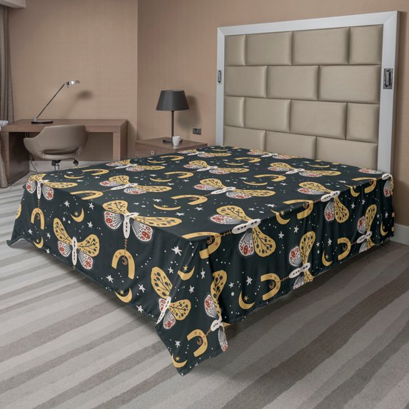 Ambesonne Astrology Theme Flat Bedding Sheet Soft Top Sheet, Starry Moth Pattern, Full, Sand Brown Dark Grey