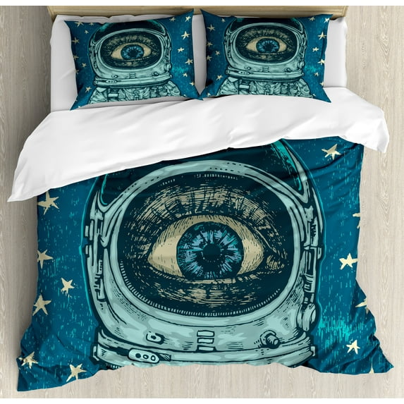 Ambesonne Astronaut Duvet Cover Set, Amazed Astronaut Eye, 2-Calking, Dark Blue Teal