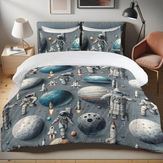 Ambesonne Astronaut Duvet Cover Set, Spaceman Rocket Planets, Twin, Blue Grey Sea Blue Cocoa