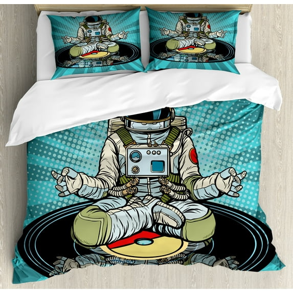 Ambesonne Astronaut Duvet Cover Sets, Funny Spaceman Doing Yoga, 2-Queen, Turquoise Multicolor