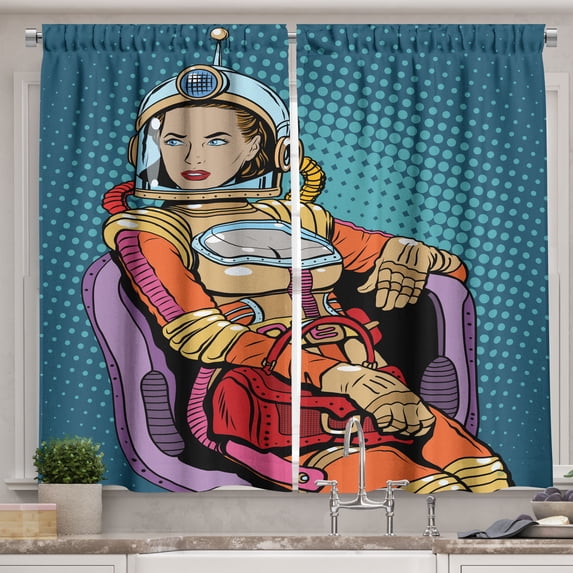 Ambesonne Astronaut Kitchen Curtains, Space Lady Purse, 55"x39", Petrol Blue Multicolor